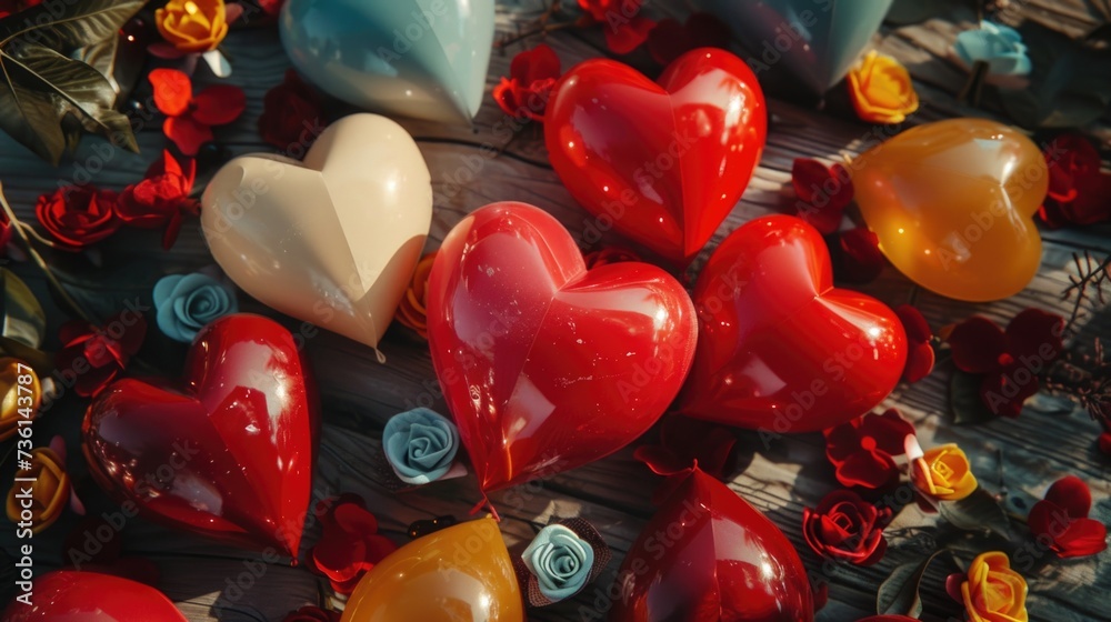 Poster A close-up view of a bunch of hearts arranged on a table. This image can be used for various occasions and themes