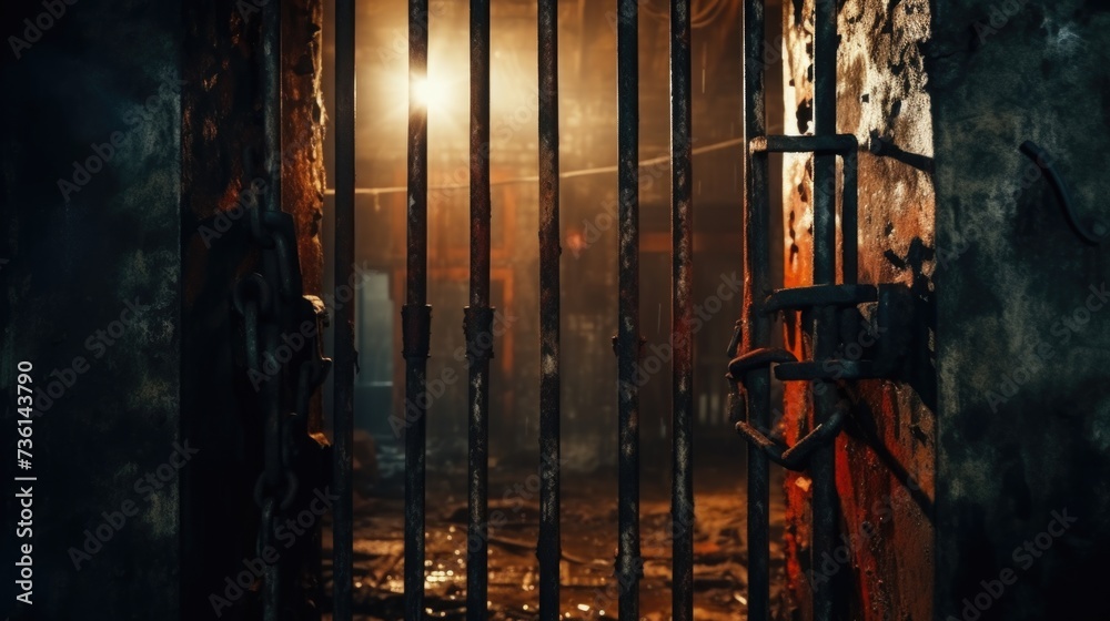 Poster a jail cell door with a light shining in the background. can be used to depict themes of imprisonmen
