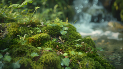 Obraz na płótnie Canvas Enchanting Flora Macro: Close-Up Shot Revealing Intricate Details of Moss and Ferns Near Waterfall 