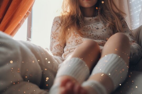 A young girl sitting on a bed with her legs crossed. This versatile image can be used to depict relaxation, bedtime routines, children's bedrooms, or family moments