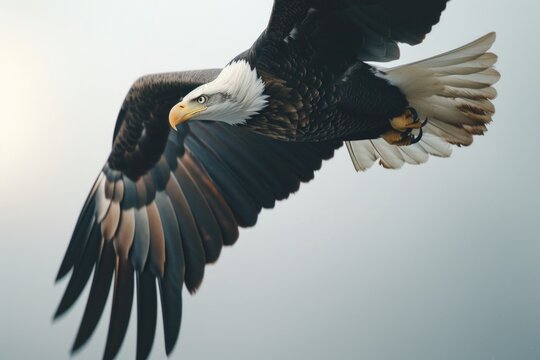 A majestic bald eagle flying in the sky with its wings spread wide. This powerful image captures the grace and freedom of this iconic bird. Perfect for nature enthusiasts or patriotic themes