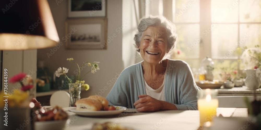 Poster a woman is depicted sitting at a table with a plate of food. this image can be used to showcase dini