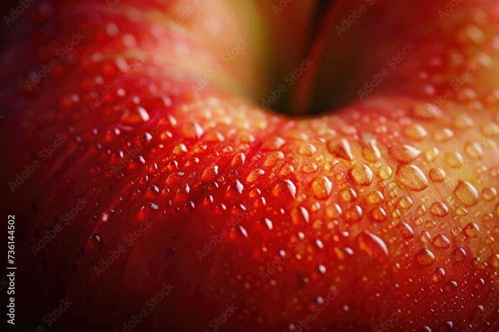 Poster A close-up image of a red apple with water droplets. This picture can be used to represent freshness and healthy eating