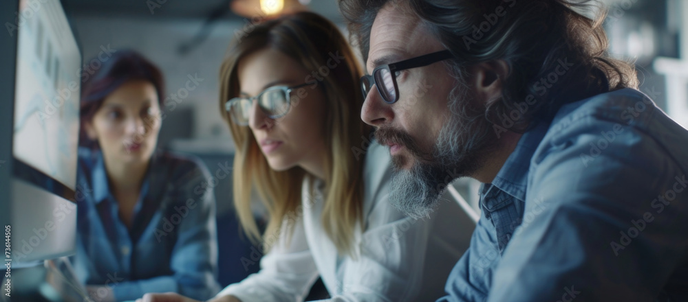 Aufkleber a man and a woman focusing their attention on a computer screen. this image can be used to depict te