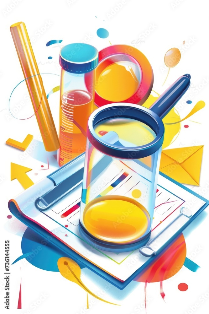 Poster a tablet with a magnifying glass placed on top. perfect for illustrating technology, research, and d