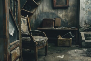 An old chair in a run down room. Suitable for interior design or vintage furniture concepts