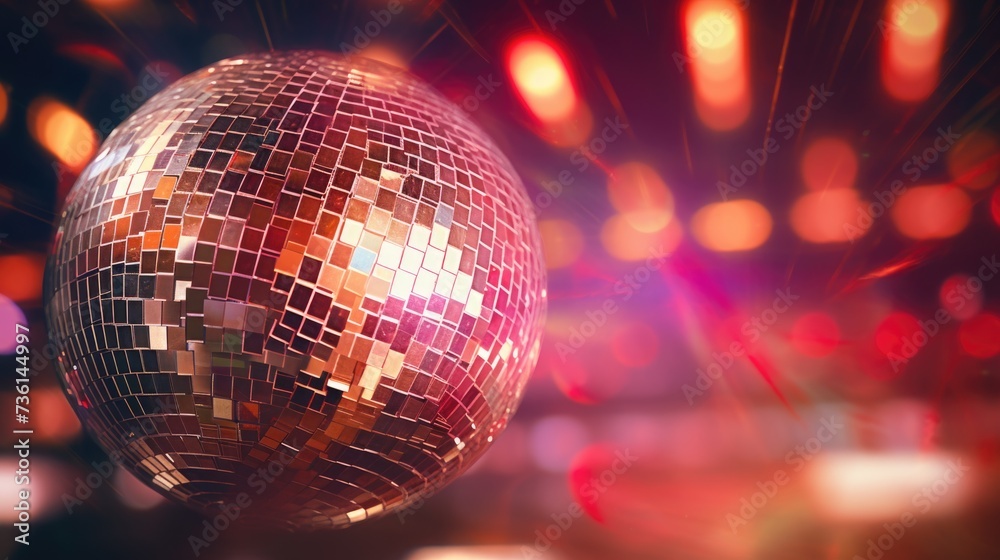 Poster A vibrant disco ball with colorful lights in the background. Perfect for adding a festive touch to any party or event