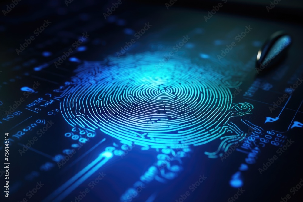 Poster A detailed close-up of a fingerprint on a computer screen. Can be used to illustrate cybersecurity, digital privacy, or forensic investigation