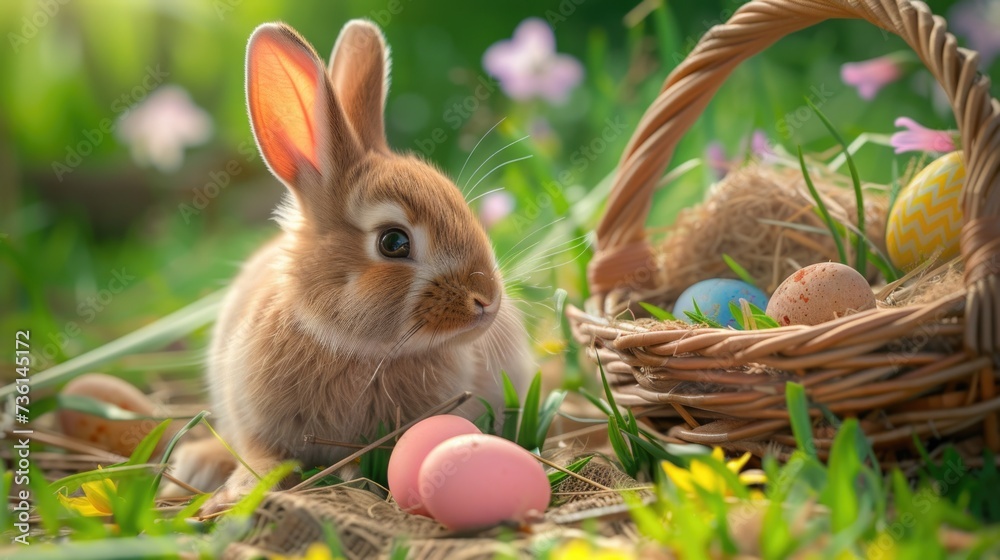 Aufkleber a rabbit sitting in the grass next to a basket of eggs. perfect for easter-themed designs and spring