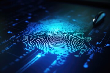 A detailed close-up of a fingerprint on a computer screen. Can be used to illustrate cybersecurity, digital privacy, or forensic investigation