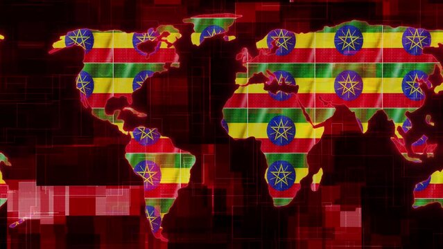 Ethiopia flag earth map glowing technology motion news background
