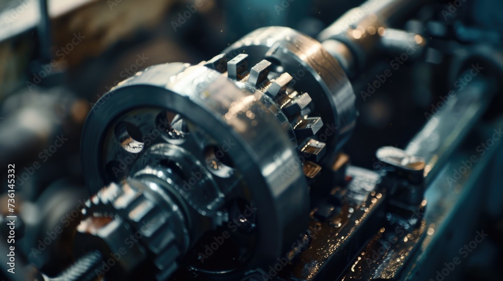 Poster A detailed close-up view of a machine with gears. This image can be used to illustrate industrial processes or mechanical engineering concepts