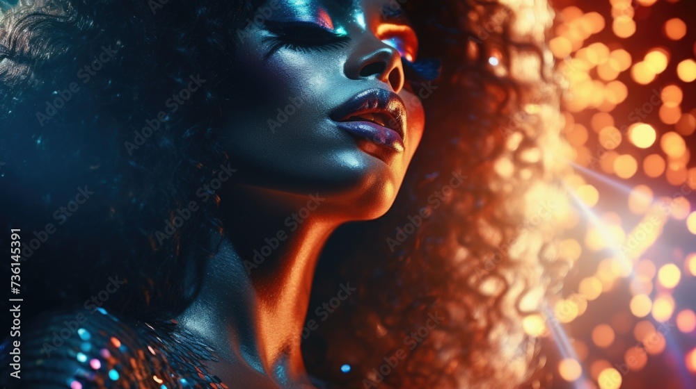 Poster a close up of a woman's face with bright lights in the background. perfect for adding a touch of mys