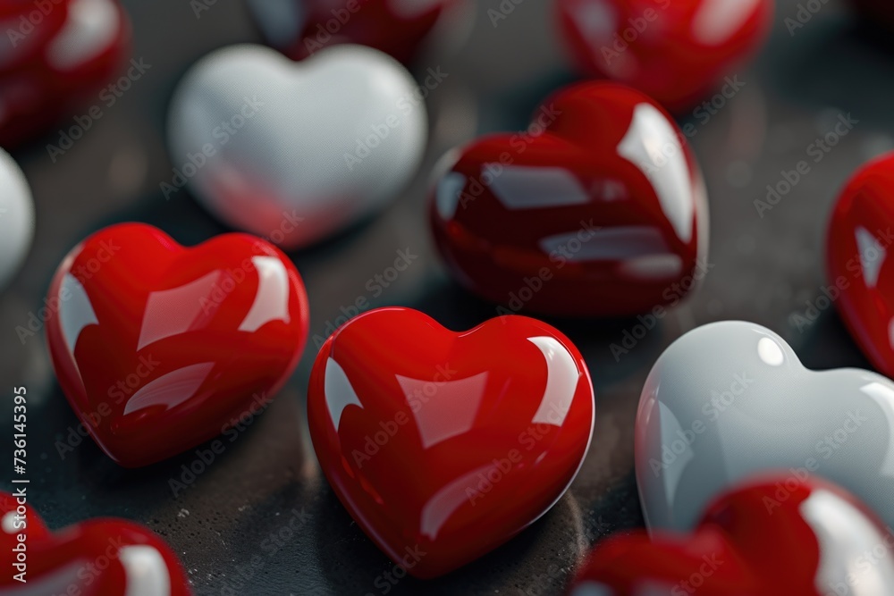 Poster a group of red and white hearts arranged neatly on a table. perfect for valentine's day or romantic-