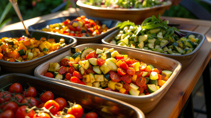 Feasting on a Buffet of Gourmet Roasted Vegetables and Salad at a Social Gathering: Zucchini, Bell Peppers, Cherry Tomatoes, Mixed Salad Under Warm Ambient Light.
