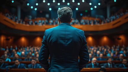 Fototapeta premium The politician addresses the crowd from the podium. Diplomatic speech and debate, demarche. Concept: Speechwriter, political activity and the will of voters.