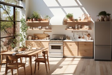 A minimal design kitchen with a refrigerator professional advertising photography