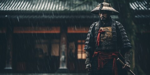 A man dressed in a samurai costume standing in the rain. Suitable for martial arts or historical themed projects