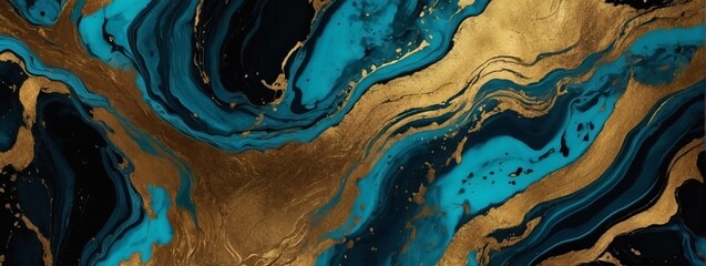 Azure abstract black marble background art paint pattern ink texture watercolor brushed gold leaf fluid wall. - obrazy, fototapety, plakaty