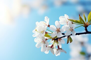 Fototapeta premium A branch of a cherry tree adorned with beautiful white flowers. Perfect for nature enthusiasts or spring-themed designs