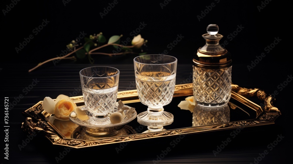 Poster a tray with two glasses and a bottle, perfect for serving drinks at parties or events