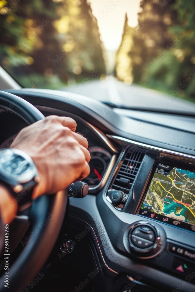 Poster A person driving a car with a GPS device. This image can be used to illustrate modern navigation systems and technology