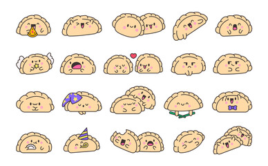 Cute kawaii dumpling. Cartoon Chinese food characters. Hand drawn style. Vector drawing. Collection of design elements.