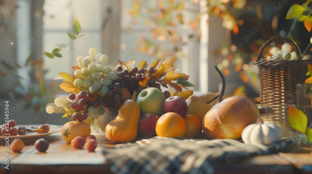 Poster a table filled with a diverse assortment of fresh fruits. perfect for healthy eating concepts and fo