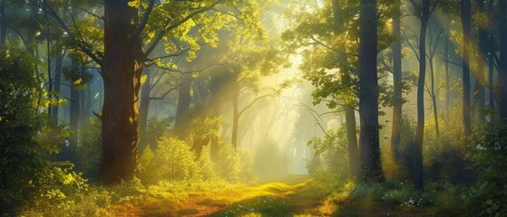 Artistic conception of beautiful landscape painting of nature of forest, background illustration, tender and dreamy design