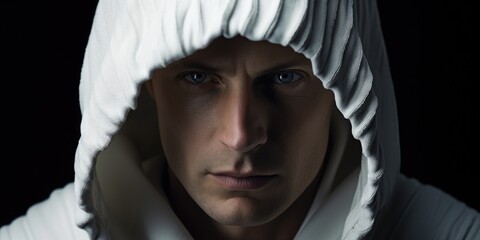 A man wearing a white hoodie with a hood over his head. Versatile image for various uses