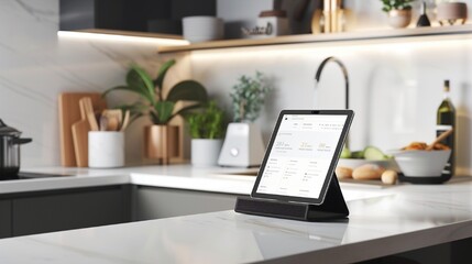 A sleek black tablet computer on a white kitchen counter, displaying a recipe