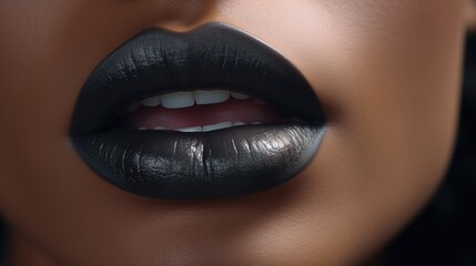 A close-up view of a woman's lips adorned with black lipstick. This edgy image can be used for fashion, beauty, or alternative lifestyle themes