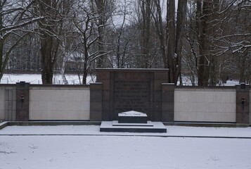 Berlin, Germany - Jan 15, 2024: Soviet War Memorial (Schonholzer Heide). Here rest an estimated 13,200 Soviet soldiers who did not survive to the Battle for Berlin. Cloudy winter day Selective focus