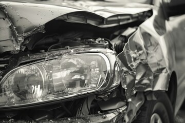 A black and white image of a damaged car