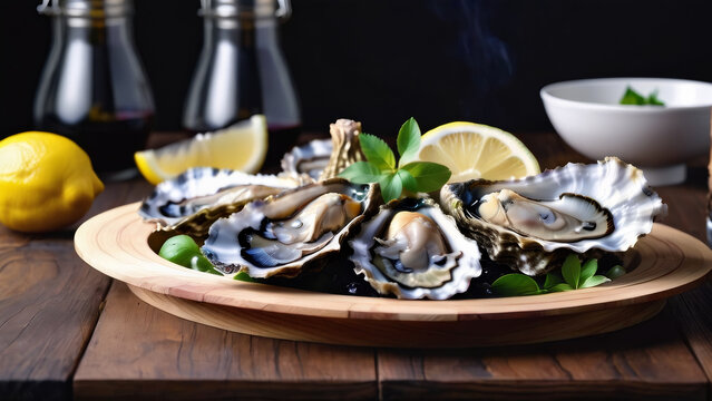 Ultra detailed, 4k, dof, copy space, perfectly composition, Fresh oysters served with lemon, presented in a wooden box.