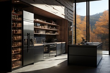 A minimal design kitchen with a refrigerator professional advertising photography