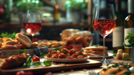 Elegant Mediterranean Snacks with Rosé Wine in a Cozy Setting, wine in a restaurant