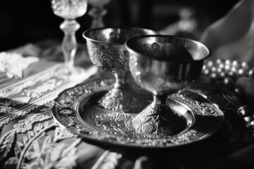 A silver plate with a silver cup on top. Suitable for various occasions and events