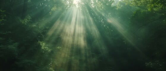 Beautiful rays of sunlight in a green forest