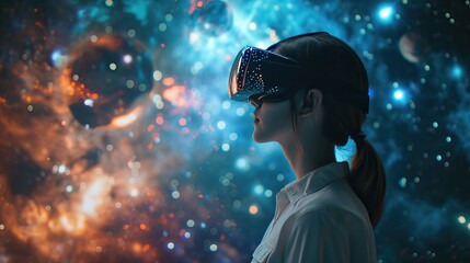 Obraz premium A woman indulges in a VR experience, delving into a space filled with captivating stars that seem limitless.