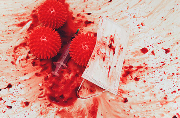 Splashes of blood dripping into the sink in the bathroom. red virus molecules syringe medical mask