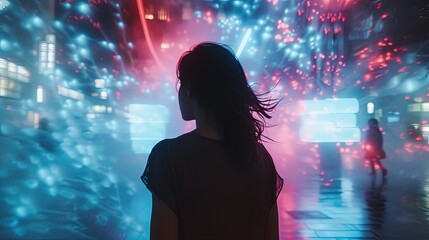 A woman stands in awe as vibrant fireworks illuminate the night sky with cascading bursts of color and light.