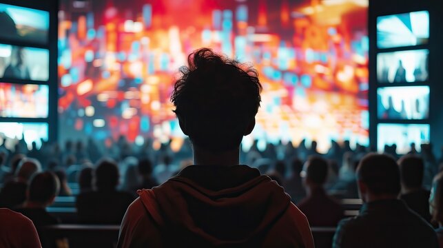 A person stands in awe, transfixed by the immense presence of a staggering, larger-than-life screen before them.