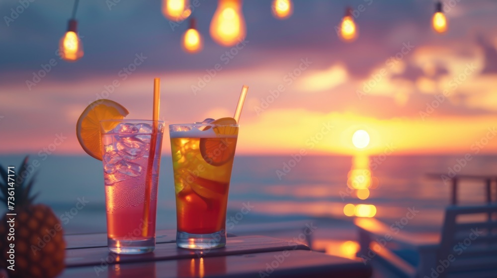 Poster two glasses of drinks sitting on top of a table. suitable for a variety of beverage-related themes a