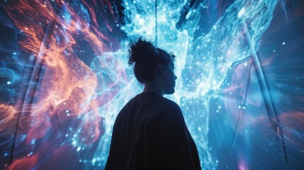 A person stands captivated in front of a colossal screen, engrossed in the spectacle it presents.