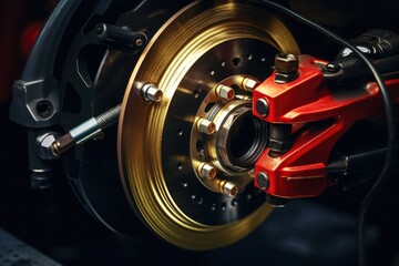A close-up view of a car brake. This image can be used for automotive industry websites, car repair manuals, or articles about car maintenance