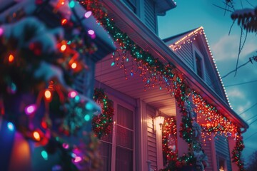 A house adorned with vibrant Christmas lights and garlands, creating a joyful and festive atmosphere. Ideal for holiday-themed designs and decorations