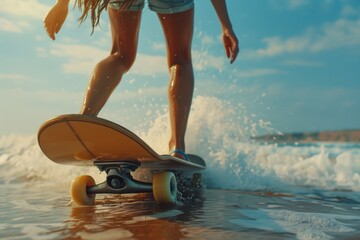Woman riding a skateboard on top of a wave. Perfect for extreme sports and adventure-themed designs