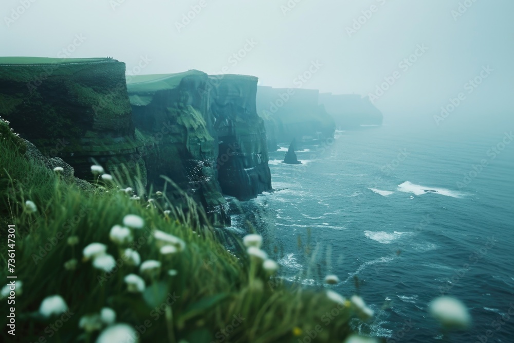 Aufkleber A captivating view of the ocean and cliffs covered in a mystical fog. Perfect for adding a sense of mystery and tranquility to any project or design