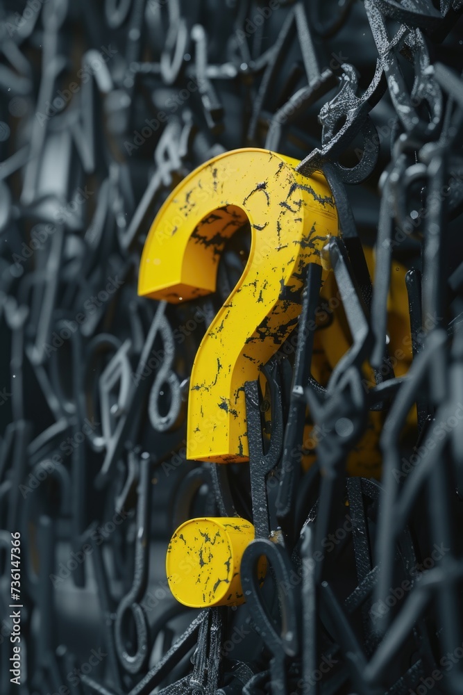 Aufkleber A yellow question mark is surrounded by chains. This image can be used to represent the concept of being trapped or uncertain